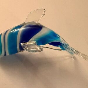 Murano Style Art Glass Dolphin Figurine Paperweight Blue White 6 1/2”